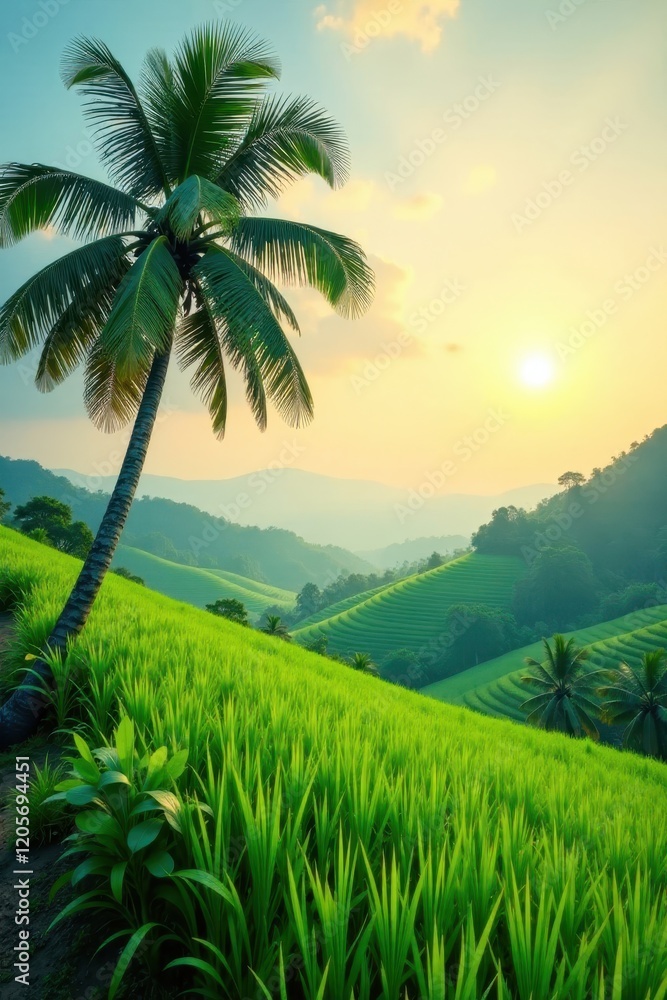 Obraz premium The earthy scent of coconut palms wafts through the air amidst a tranquil landscape of rolling green rice fields, tropical, scent, coconut palm earthy scent