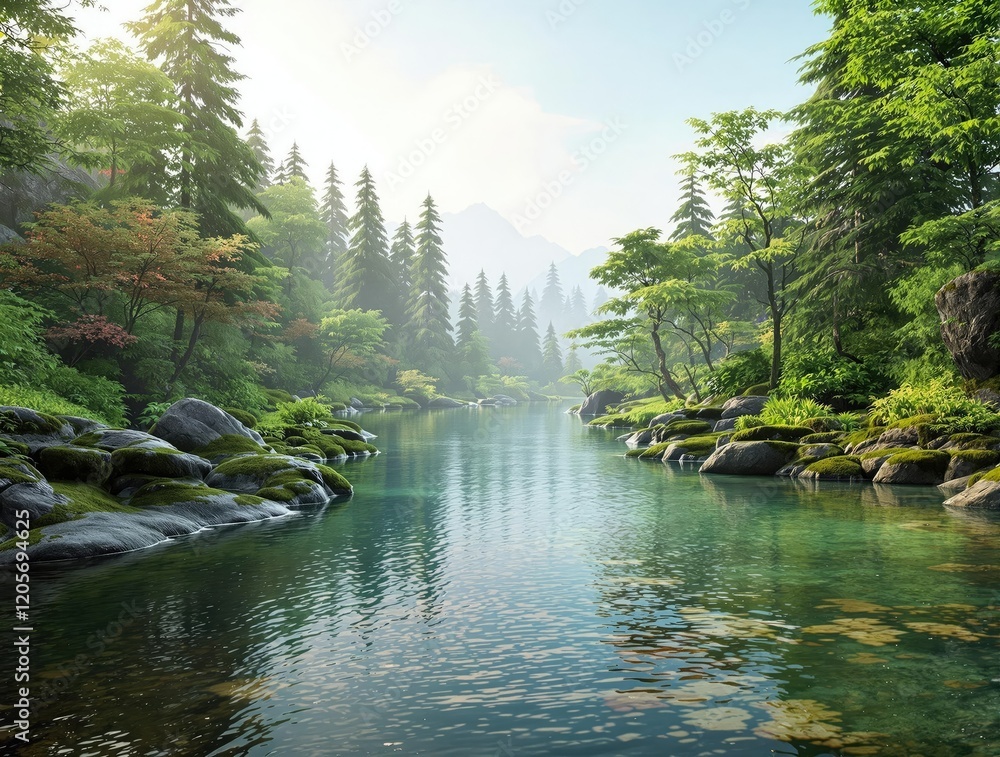 Naklejka premium A meandering river with gentle ripples in its flow, surrounded by lush greenery and smooth rocks, rock formations, wavy waters, leafy surroundings, natural landscapes