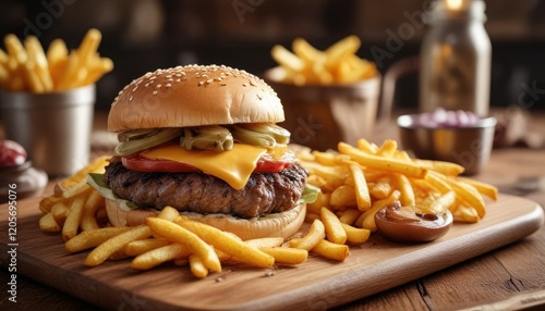 A mouthwatering cheese burger on a wooden plate with golden fries and a side of grilled onions, homecookedmeals, crispygoodness photo