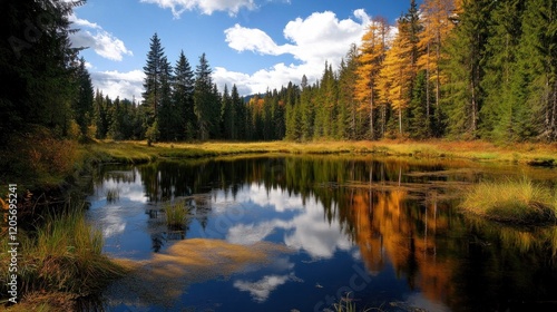 Autumn forest with a calm pond reflecting the sky and trees scenic view