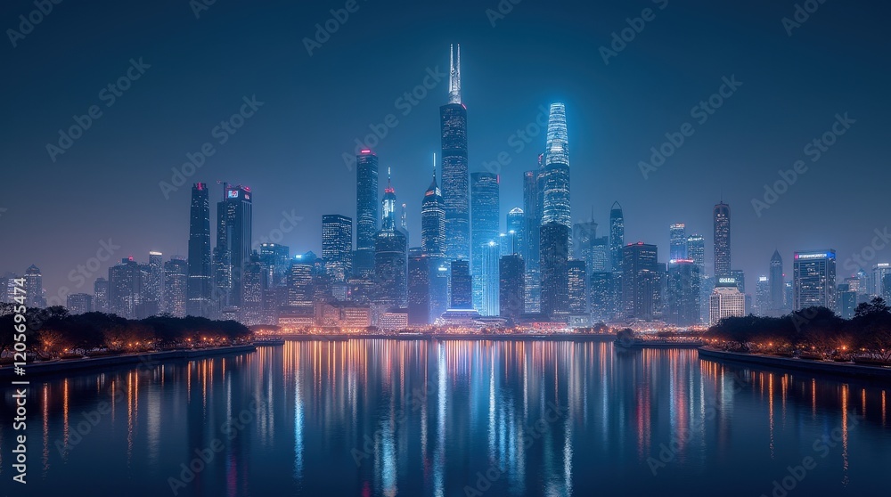Fototapeta premium City skyline lights reflecting on water at dusk in a modern urban landscape