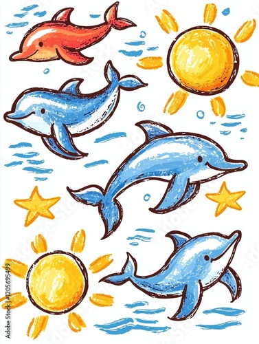 Whimsical Dolphins Crayon Art in Abstract Ocean - Children's Illustration, Flat Design