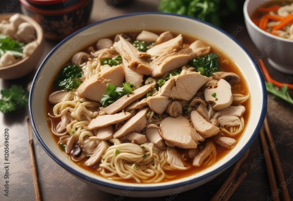 A plate of steaming hot noodle soup with a chunky chicken and mushroom mixture, homestyle cooking, comfort food A plate of steaming hot noodle soup with a chunky chicken and mushroom mixture, homestyle cooking, comfort food