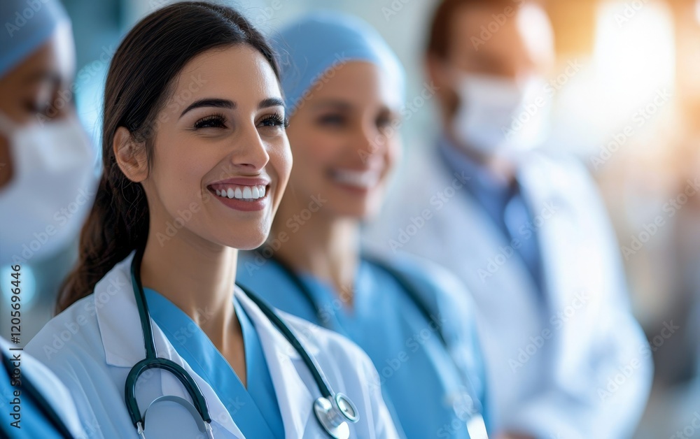A smiling healthcare professional stands proudly among colleagues, all dressed in scrubs and masks, showcasing teamwork and dedication in a medical setting. A smiling healthcare professional stands proudly among colleagues, all dressed in scrubs and masks, showcasing teamwork and dedication in a medical setting.