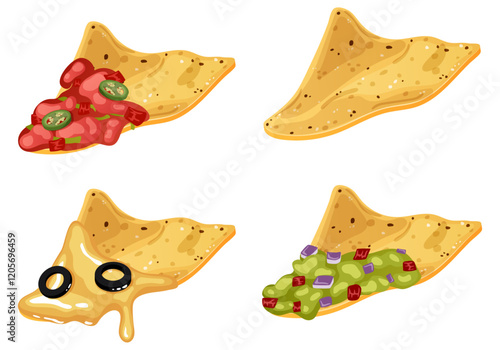 Crunchy Tortilla Chips Dipped in Salsa, Guacamole and Cheese Sauce. Mexican Snack Detailed Illustration