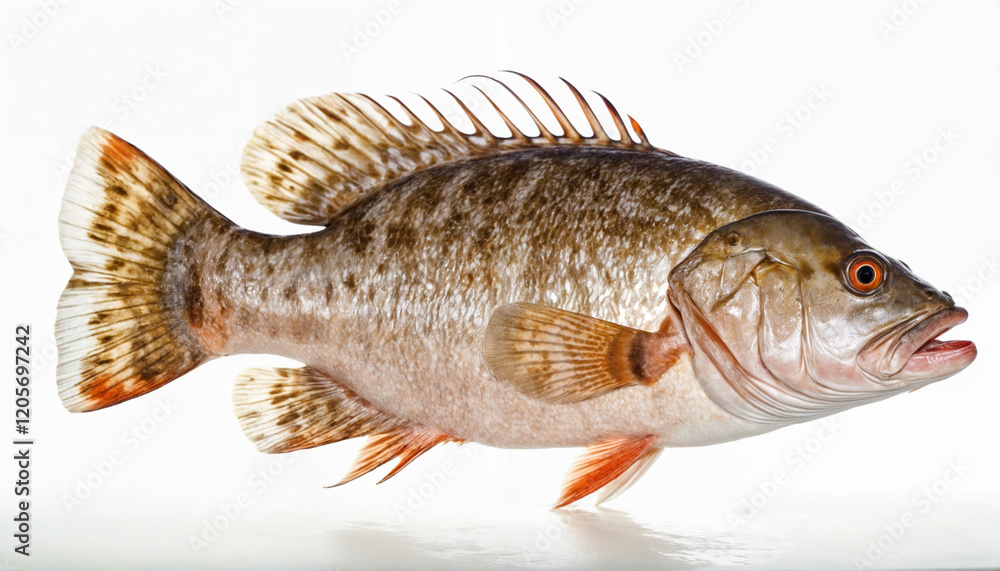 Fototapeta premium A fresh spotted grouper with unique patterns and vibrant fins, showcasing its appeal as a popular choice for seafood dishes and healthy marine cuisine