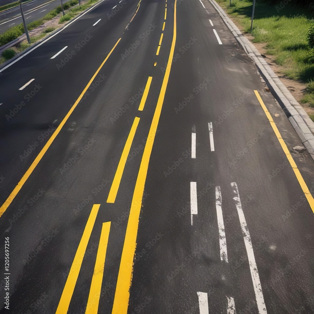 Overhead view of empty paved road with double yellow lines, driving, Empty, urban Overhead view of empty paved road with double yellow lines, driving, Empty, urban