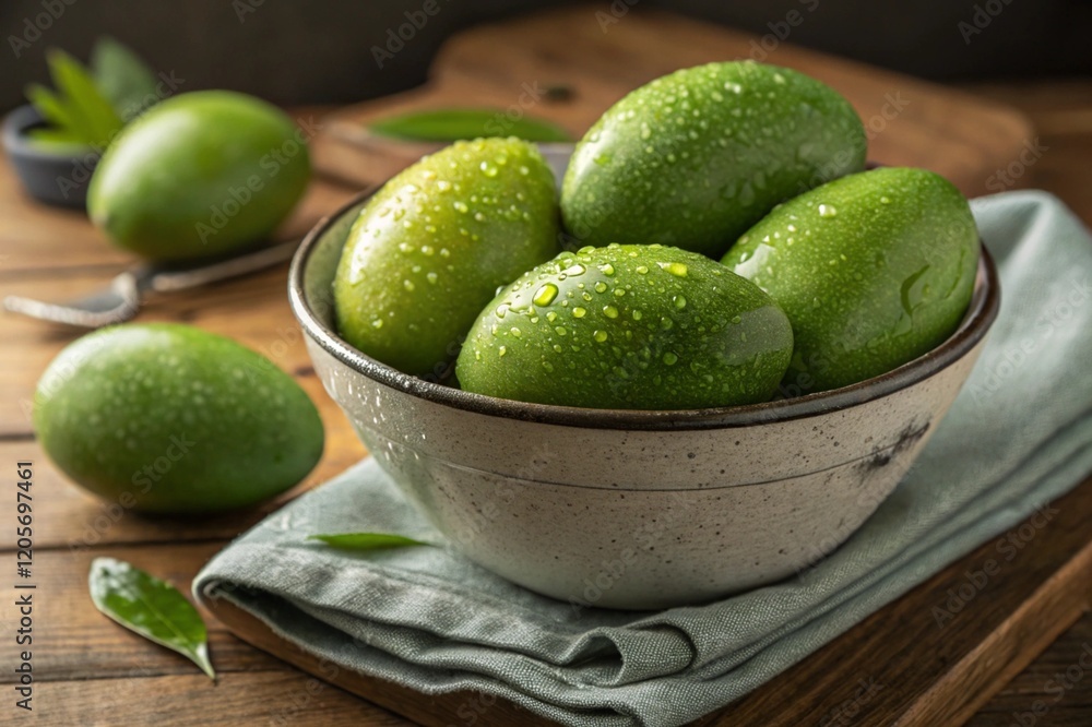 A bowl full of freshly washed green mangos A bowl full of freshly washed green mangos