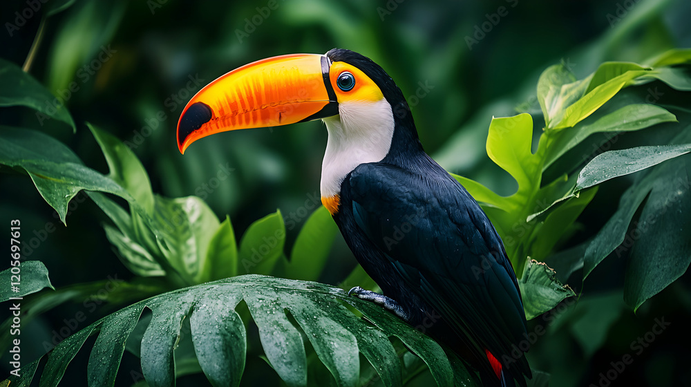 Naklejka premium Vibrant Toucan Sitting on Leaf Amid Lush Green Tropical Foliage