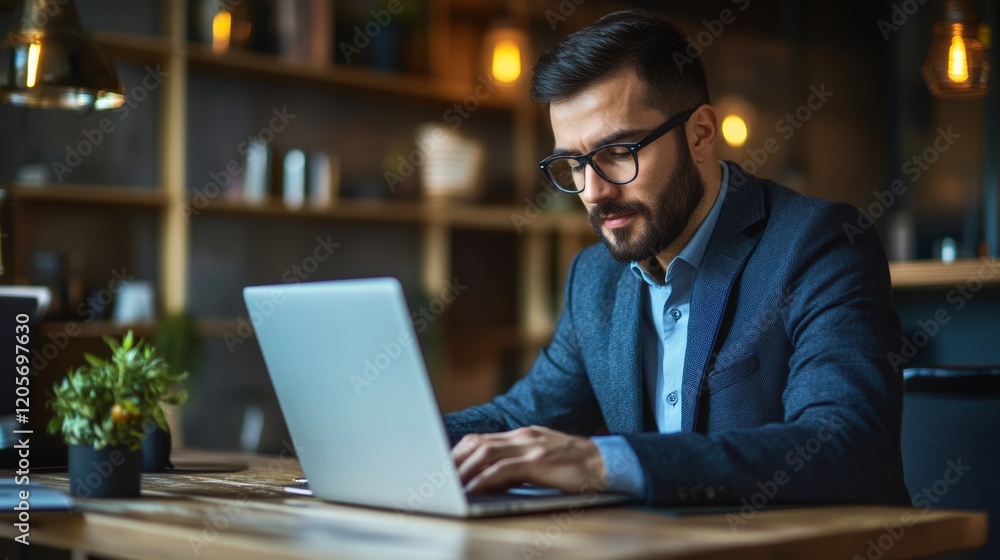 Open laptop with blank screen on a wooden desk in a kitchen room home office Open laptop with blank screen on a wooden desk in a kitchen room home office
