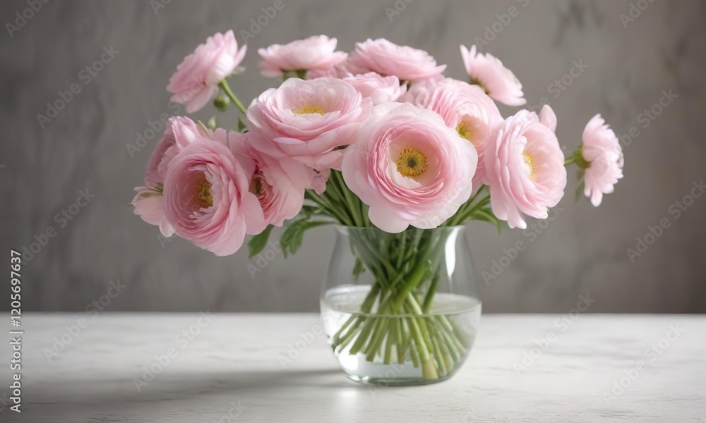 Obraz premium Soft focus pink and white ranunculus blossoms in a glass vase, delicate, beauty