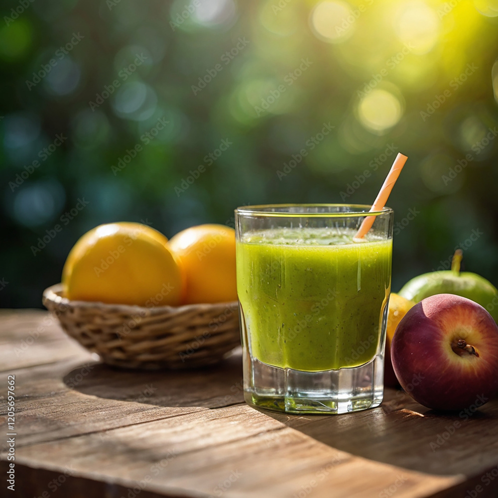 Fototapeta premium glass of green juice, apples and oranges fruits bokeh background 