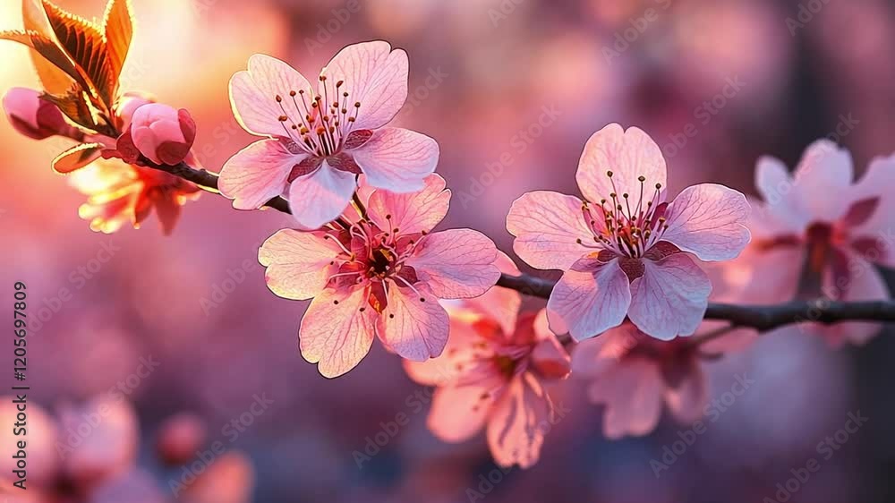 Delicate cherry blossoms in soft evening light