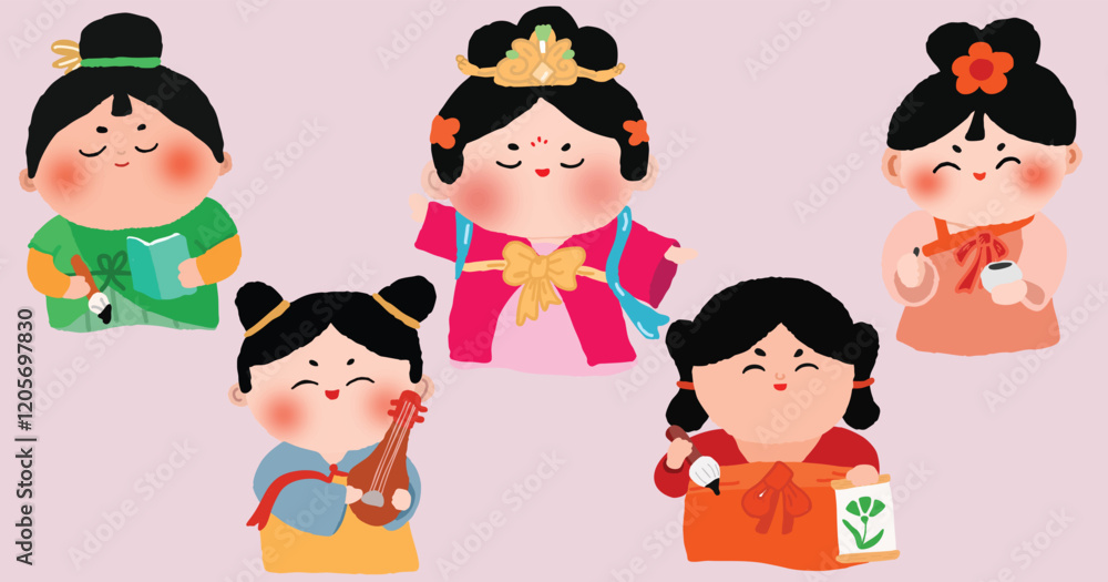 A set of different tradition Chinese girls in national costumes. Different hairstyles and traditional Chinese clothing. Queen, concubines, princesses, and maids. Vector isolated characters, stickers A set of different tradition Chinese girls in national costumes. Different hairstyles and traditional Chinese clothing. Queen, concubines, princesses, and maids. Vector isolated characters, stickers