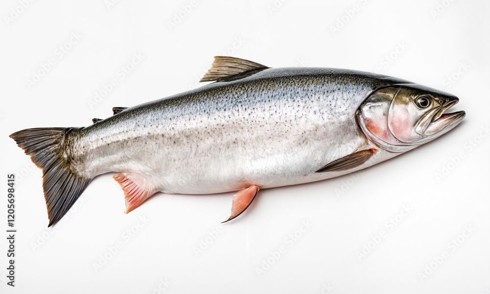Fototapeta premium A fresh whole salmon with vibrant silver and pink hues, ideal for healthy seafood dishes, showcasing its rich texture and natural appeal.