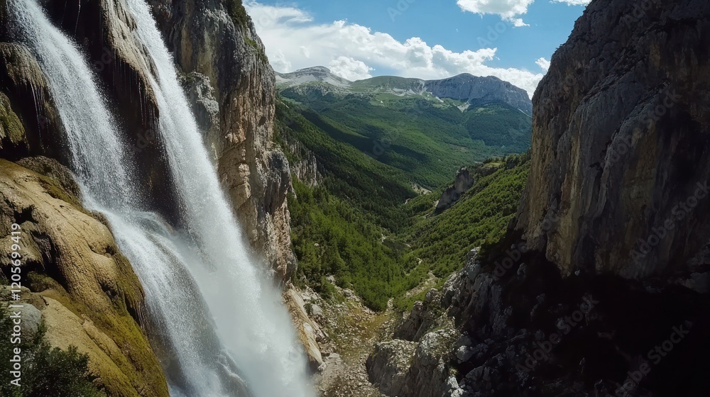 Obraz premium Majestic Waterfall Cascading Down Rocky Cliffs Amidst a Scenic Mountain Valley Landscape