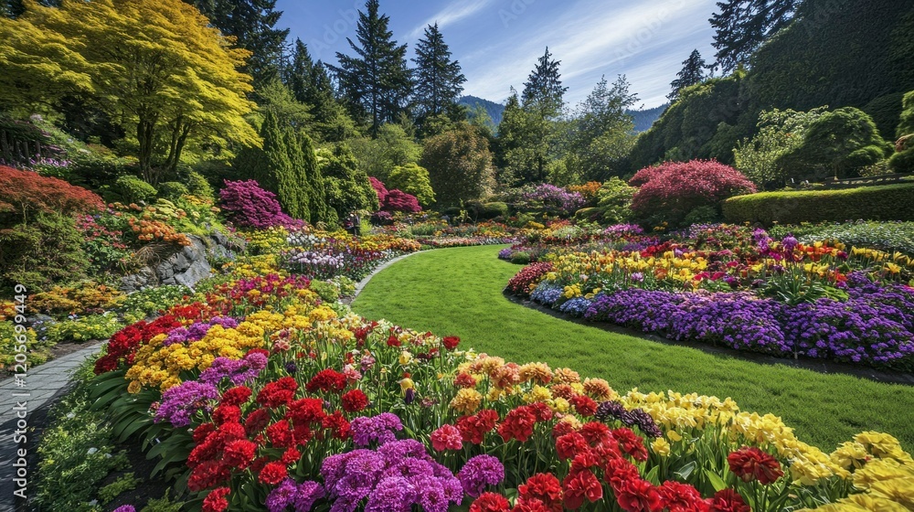 Obraz premium Vibrant multicolor flower garden scenic landscape nature photography outdoor serenity wide angle view botanical beauty