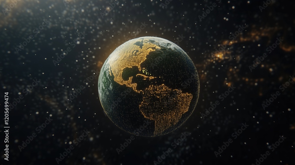 Fototapeta premium Digital representation of Earth with glowing lights and stars in the background.