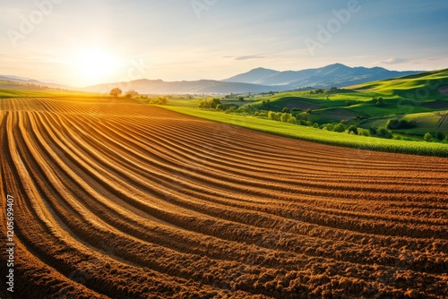 A freshly tilled field with neat rows ready for planting, bordered by a backdrop of rolling hills