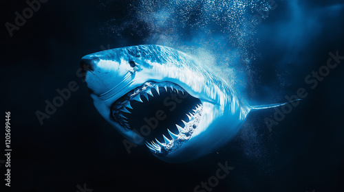 Shark underwater with open mouth showing sharp teeth, deep ocean background