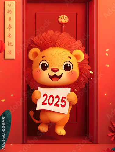 Spring Festival festive poster material, cute little lion holding a 2025 sign, red background, cartoon anime wallpaper

