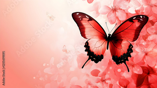 Red Butterfly on Soft Pink Floral Background in Elegant Design