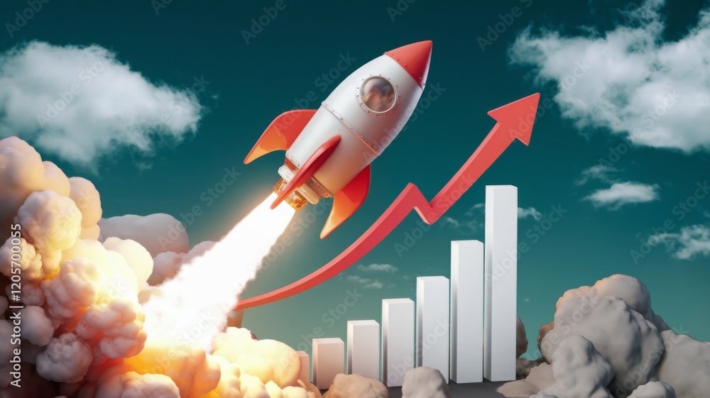 Rocket Launching Towards Growth Chart Amidst Cloudscape Rocket Launching Towards Growth Chart Amidst Cloudscape