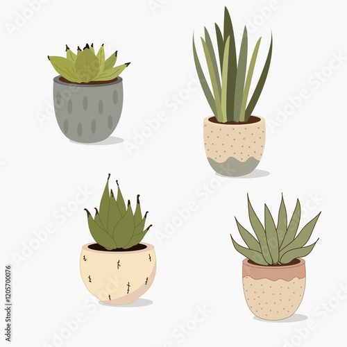 A set of house plants in handmade ceramic pots. Collection of indoor plants. Decorative natural elements for home decor. Vector illustration isolated on white background.