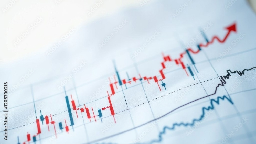 Stock market chart showing growing trend with candlestick and upward arrow Stock market chart showing growing trend with candlestick and upward arrow