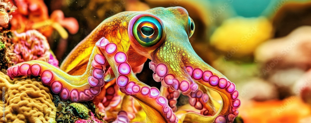 animal,habitat,genetics Vibrant octopus with colorful patterns resting among coral in a beautiful underwater scene. animal,habitat,genetics Vibrant octopus with colorful patterns resting among coral in a beautiful underwater scene.