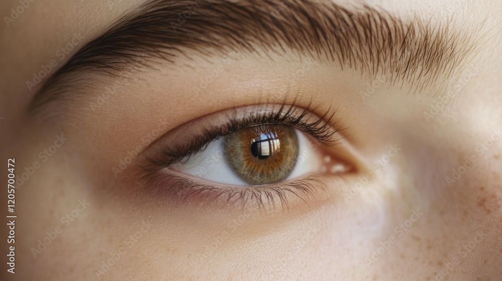 Close-up shot of a brown human eye with visible eyelashes and eyebrow captured in soft focus with light beige skin Close-up shot of a brown human eye with visible eyelashes and eyebrow captured in soft focus with light beige skin