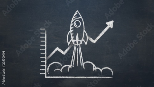 Rocket launching upward following growth chart drawn on chalkboard background photo