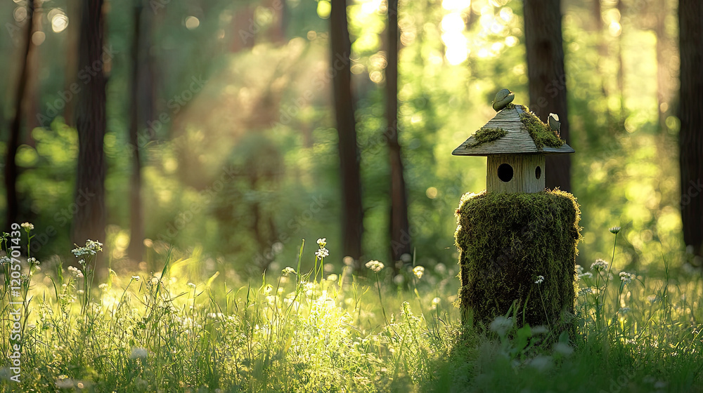 Charming Birdhouse Surrounded by Lush Greenery in Tranquil Forest Charming Birdhouse Surrounded by Lush Greenery in Tranquil Forest