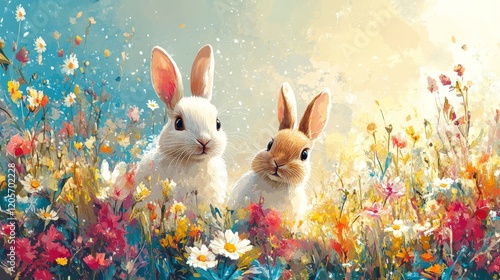 Adorable pair of rabbits sitting amongst blooming spring flowers enjoying the warm sunlight in this whimsical digital painting style