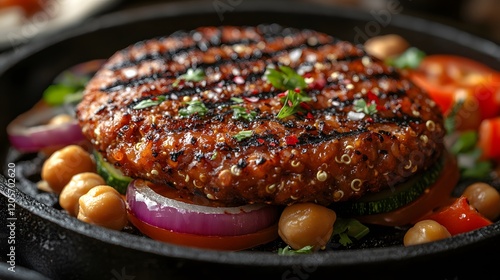 Indulge in a Tasty Vegan Chickpea Burger Perfectly Grilled in an Iron Pan with Colorful Plant Ingredients photo