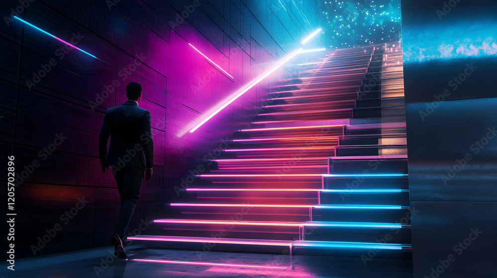 Man Walking Up Stairs with Neon Lights in Futuristic Setting Man Walking Up Stairs with Neon Lights in Futuristic Setting