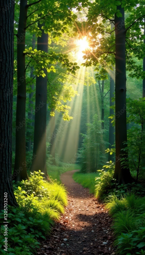 Fototapeta premium Path through forest with sunlight filtering through trees, natural light, forest path, nature