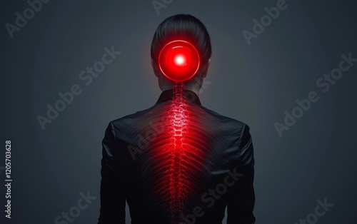 A mysterious figure with a glowing red light at the back of their head and spine, set against a dark background, evokes themes of technology and the future. photo