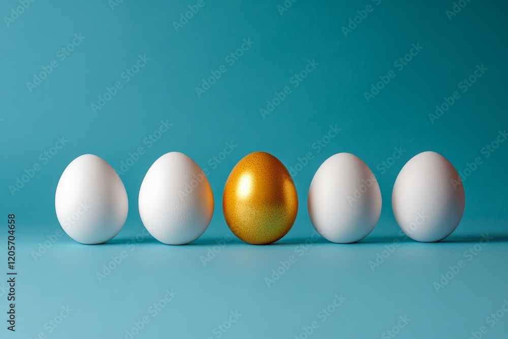 Five white eggs aligned perfectly with one shining golden egg on a serene blue background, symbolizing unique opportunities in business and life journeys Five white eggs aligned perfectly with one shining golden egg on a serene blue background, symbolizing unique opportunities in business and life journeys