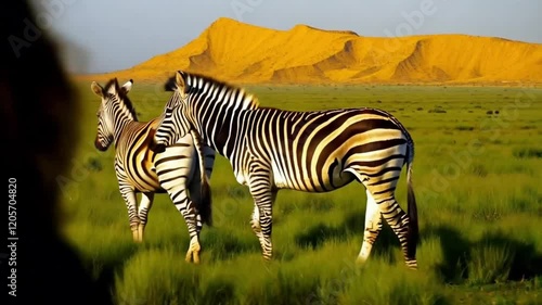 Beautiful video of the life of zebras in the wild. Two striped zebras stand in the grass and wagging their tails in the savannah on a background of yellow mountains.