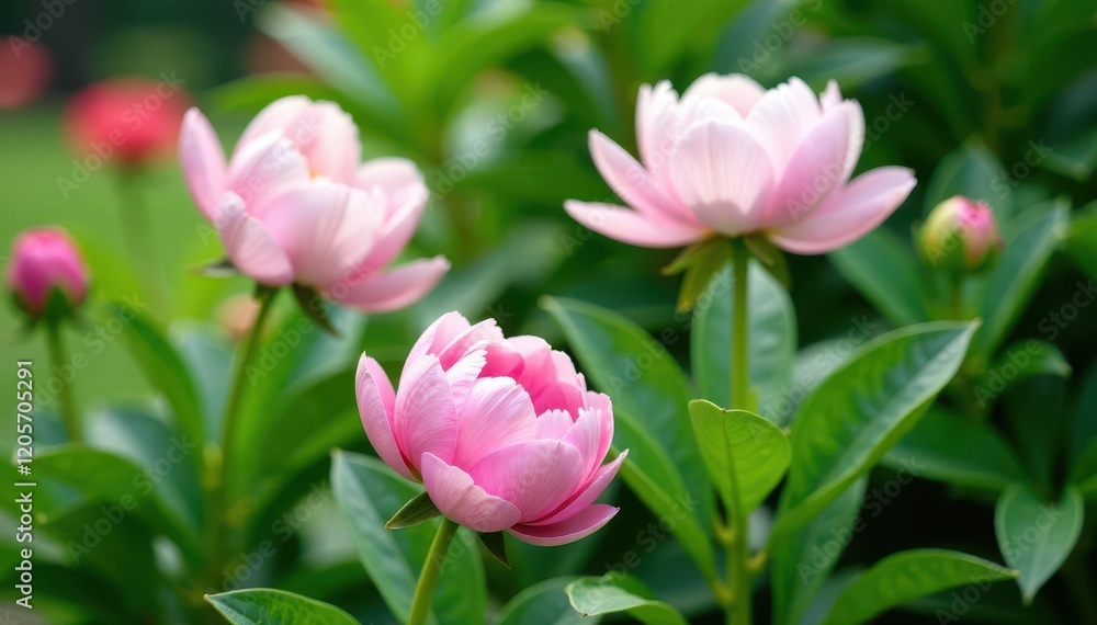 Soft pink and white peony flowers in full bloom amidst lush green foliage, background, garden, garden decor Soft pink and white peony flowers in full bloom amidst lush green foliage, background, garden, garden decor