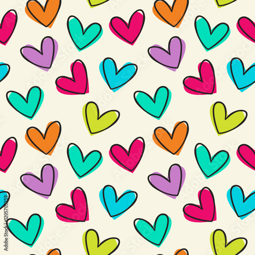 seamless pattern featuring colorful, hand-drawn hearts in various shades of pink, purple, blue, green, and orange on a light background, creating a playful and vibrant design