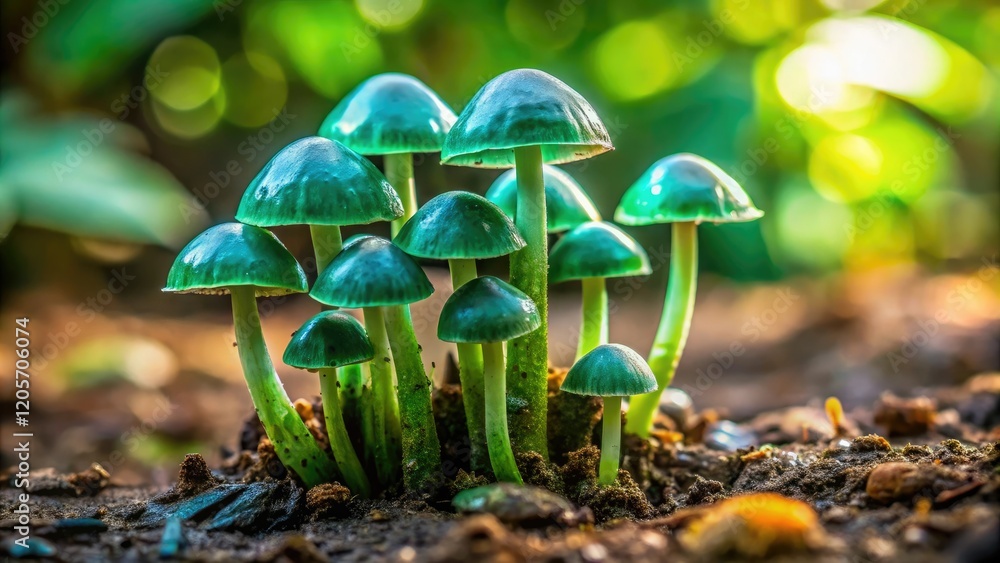 A cluster of emerald-green mushrooms emerging from the earth as if dripping with an otherworldly essence, earthy scent, verdant, damp soil A cluster of emerald-green mushrooms emerging from the earth as if dripping with an otherworldly essence, earthy scent, verdant, damp soil