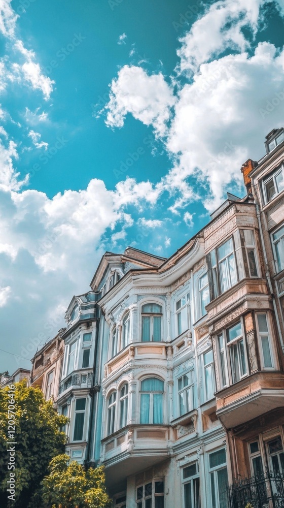 Elegant building facade under a bright blue sky with fluffy clouds in the background. Elegant building facade under a bright blue sky with fluffy clouds in the background.