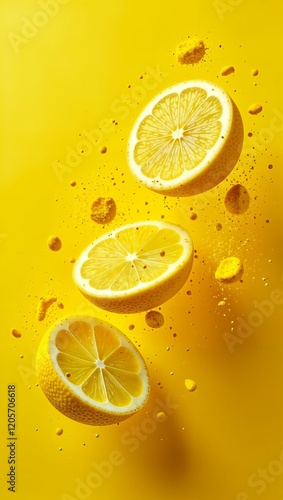  Floating lemon slices captured in motion, with water droplets splashing around, set against a vivid yellow background. The dynamic composition radiates freshness and vitality.