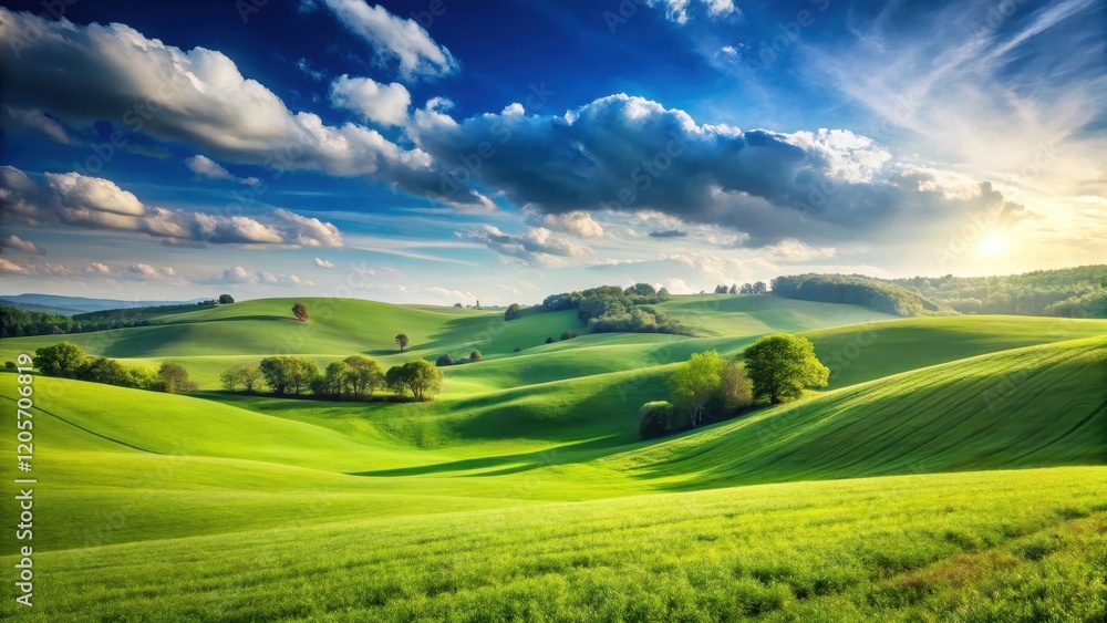 Rolling hills and lush green grass fields under a clear blue sky on a sunny day , Hillside Rolling hills and lush green grass fields under a clear blue sky on a sunny day , Hillside