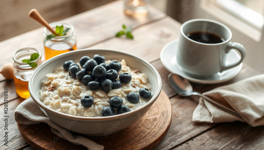 Cozy morning table setting featuring oatmeal topped with fresh blueberries, steaming coffee, and honey jar. Sunlight bathes rustic elements, evoking homely warmth and natural nourishment.
Cozy morning table setting featuring oatmeal topped with fresh blueberries, steaming coffee, and honey jar. Sunlight bathes rustic elements, evoking homely warmth and natural nourishment.