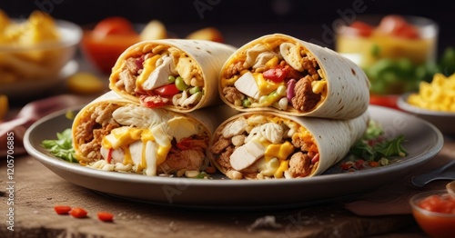 A colorful burrito with a filling of chicken and cheese slowly unwinding on a plate, reveal, fillings photo