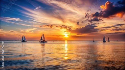 Serene sunset over calm ocean waters with sailboats in the distance, tranquil, golden hour,  tranquil
