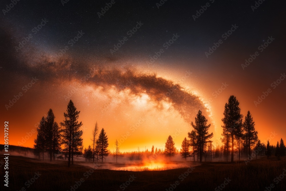 A night view of Yellowstone under a starry sky, with a faint glow from a geothermal pool creating a mystical atmosphere A night view of Yellowstone under a starry sky, with a faint glow from a geothermal pool creating a mystical atmosphere